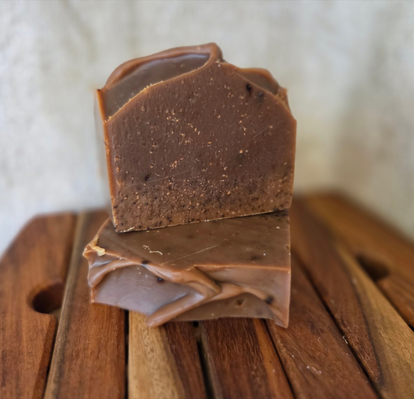 Chocolate-brown gradient soap bars with a fudge-like swirled top (alternate angle)