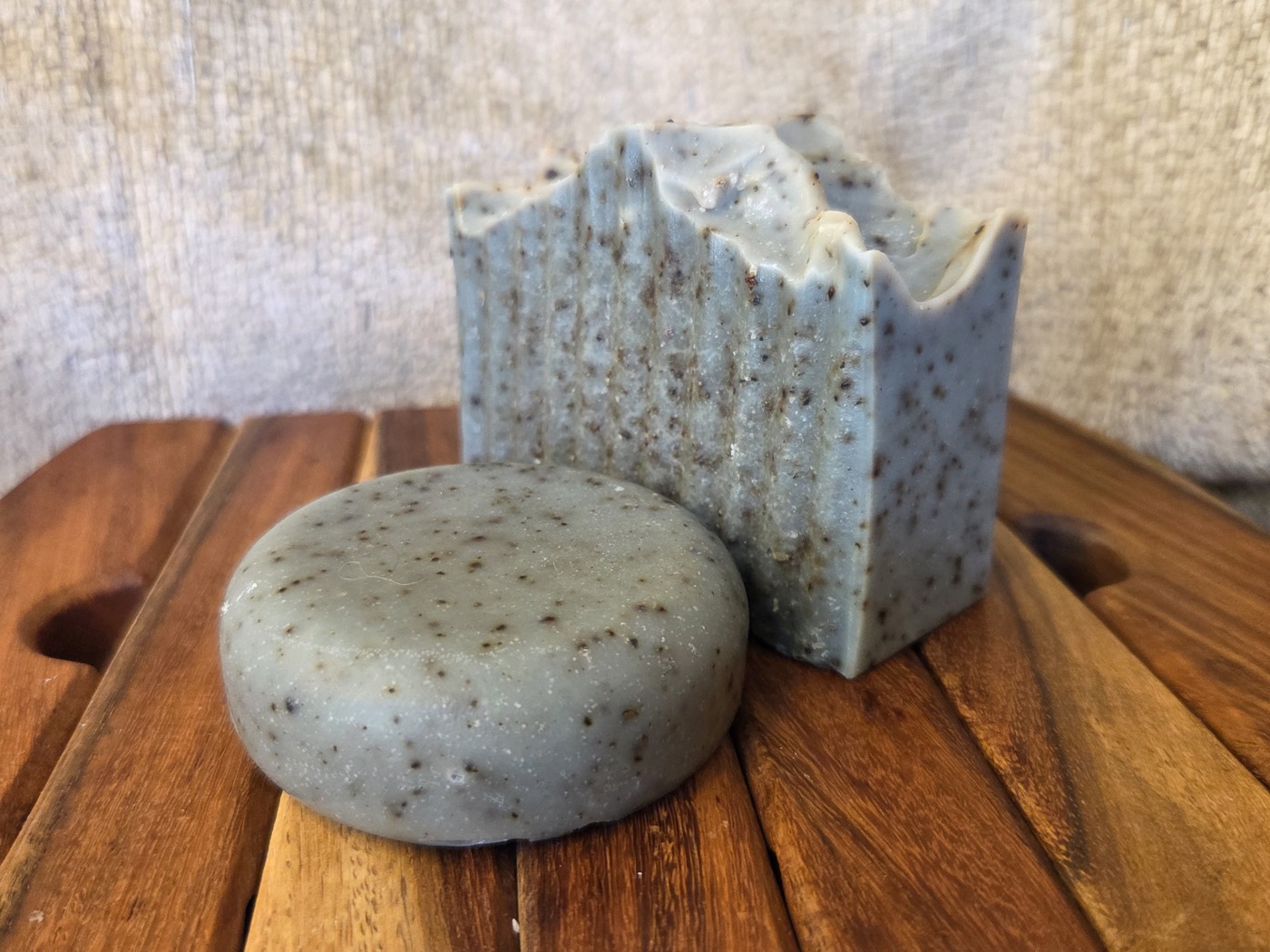 Indigo-grey speckled soap puck and ridged bar (alternate angle)